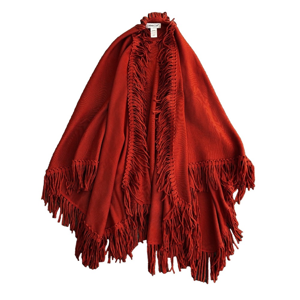 Cold Water Creek Fringe Open Knit Fringed Shawl Cape Burnt Orange One Size